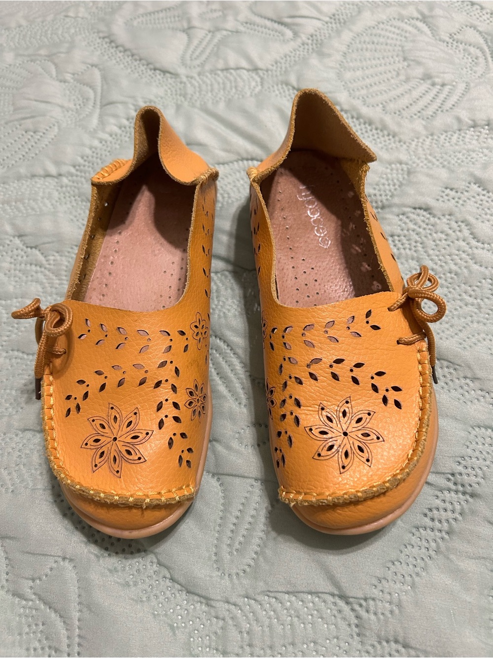 Comfort Leather Floral Slip-On Flats in Mustard Yellow